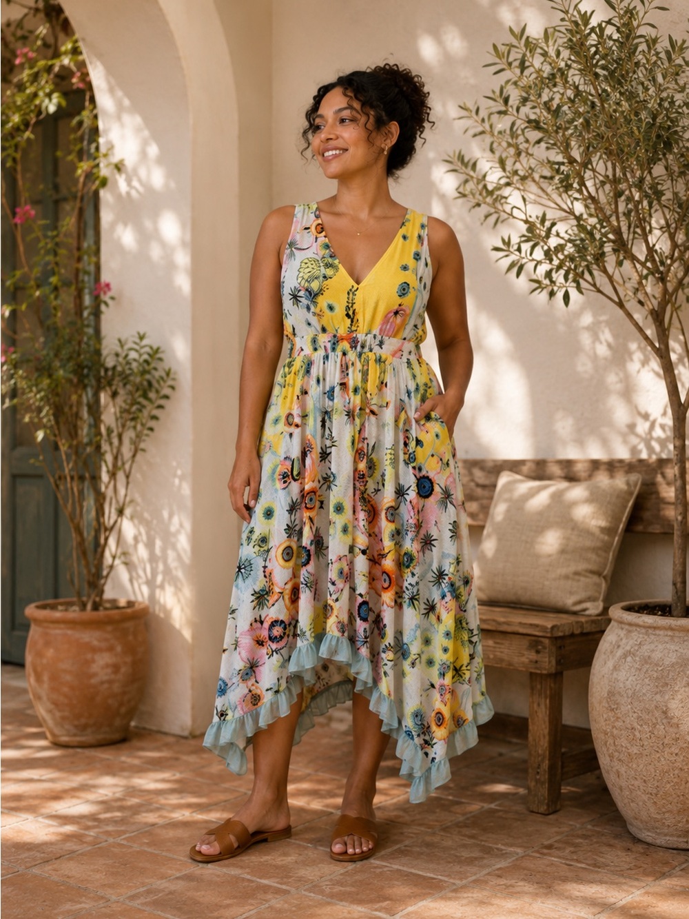 Anthropologie Yellow Floral V-Neck High-Low Sun Dress